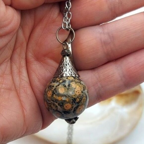 Leopard Skin Jasper Jaguar Stone Pendant Silver Tone 20" Necklace Boho - Picture 3 of 4